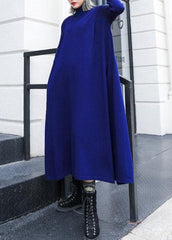 Simple blue Sweater dress outfit Street Style high neck pockets Ugly knit dresses AT-FDL201105