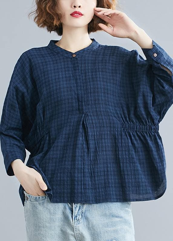 Simple blue cotton crane tops stand collar Batwing Sleeve short shirts LTP200325