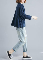 Simple blue cotton crane tops stand collar Batwing Sleeve short shirts LTP200325