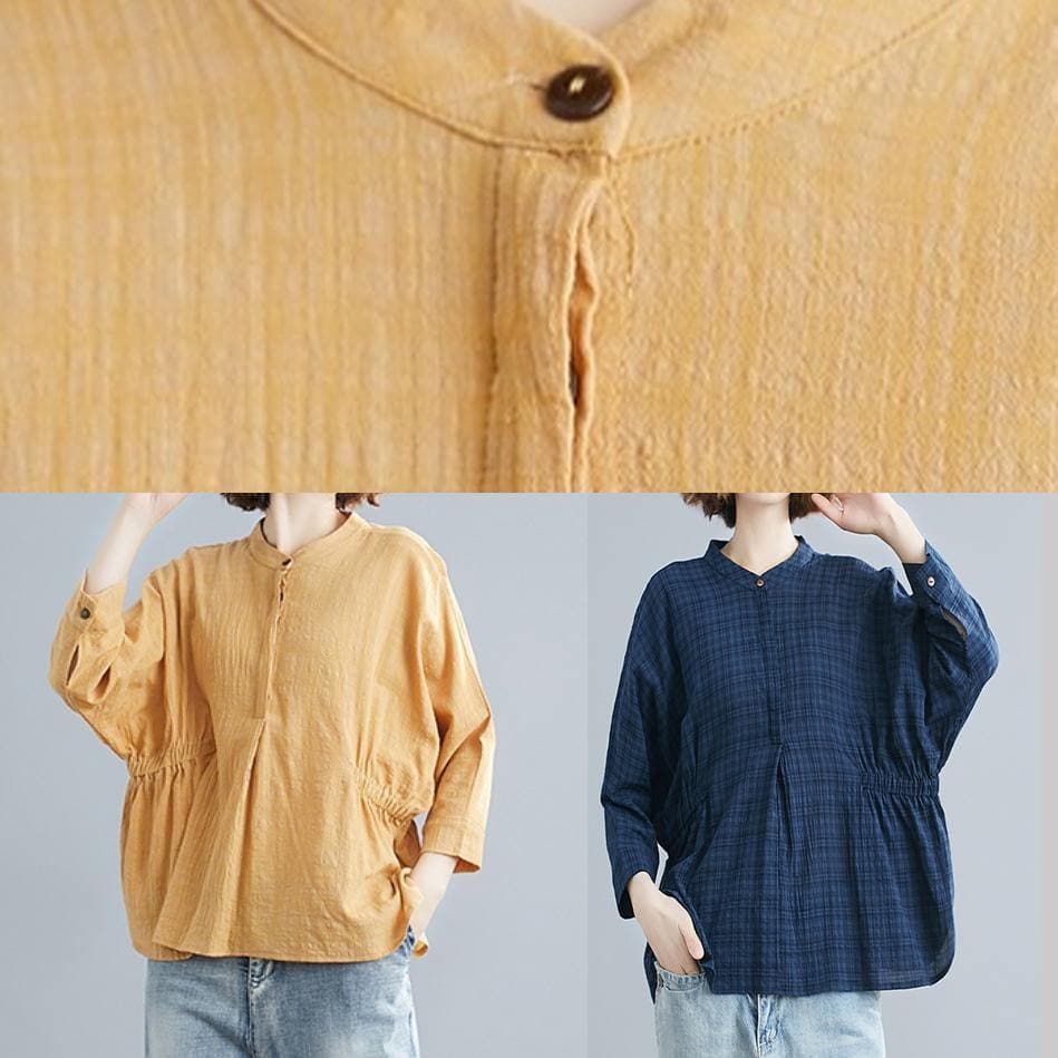 Simple blue cotton crane tops stand collar Batwing Sleeve short shirts LTP200325