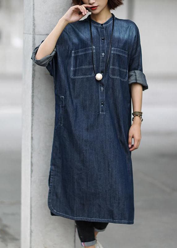 Simple cotton dress Fitted Blue Autumn Casual Cotton Solid Slit Denim Dress FDL181218