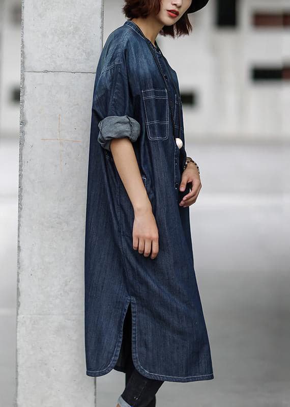 Simple cotton dress Fitted Blue Autumn Casual Cotton Solid Slit Denim Dress FDL181218