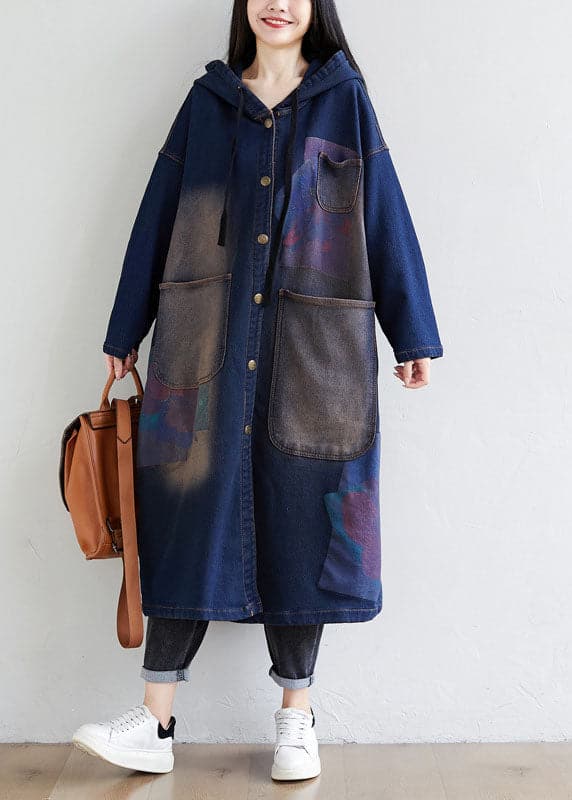 Simple dark Blue drawstring Hooded Pockets Print denim trench Coats Spring YSBS-TCT220121