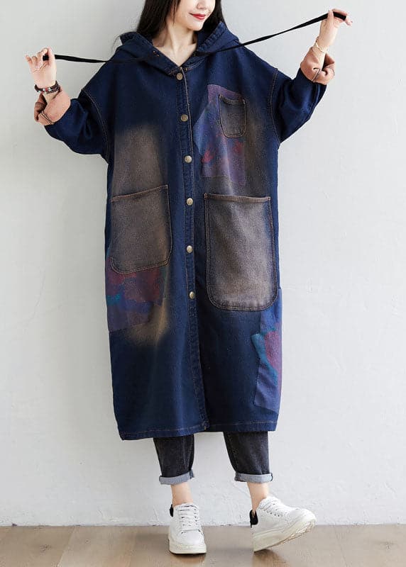 Simple dark Blue drawstring Hooded Pockets Print denim trench Coats Spring YSBS-TCT220121