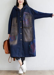 Simple dark Blue drawstring Hooded Pockets Print denim trench Coats Spring YSBS-TCT220121