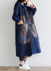 Simple dark Blue drawstring Hooded Pockets Print denim trench Coats Spring YSBS-TCT220121