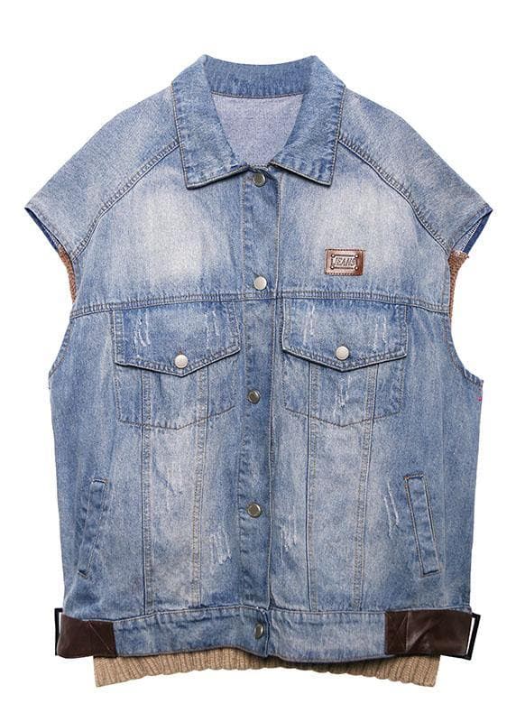 Simple denim blue cotton blouses for women lapel sleeveless Midi spring tops AT-CTS191231