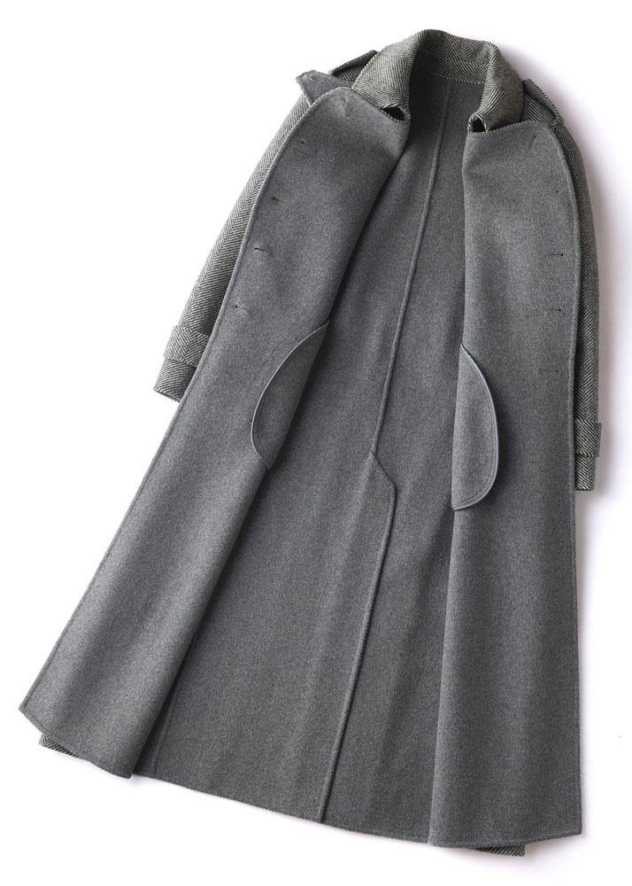 Simple gray striped Plus Size Long Woolen CoatsTutorials lapel tie waist outwears TCT200915