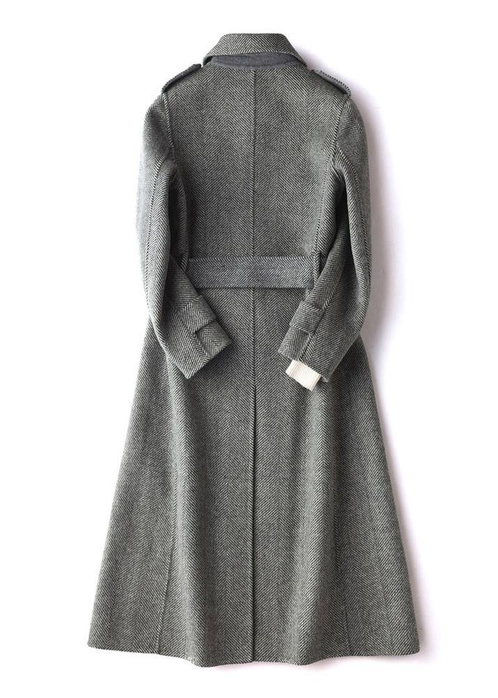 Simple gray striped Plus Size Long Woolen CoatsTutorials lapel tie waist outwears TCT200915