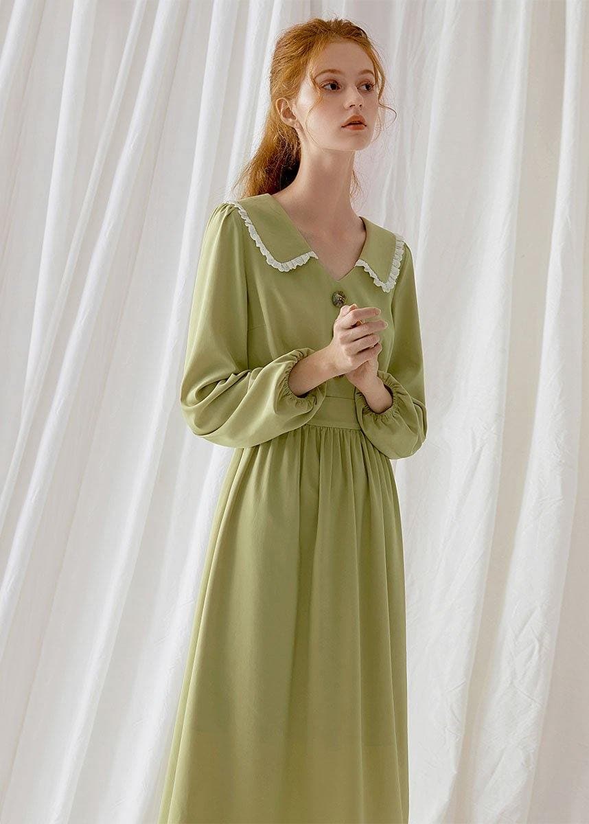 Simple green blended Wardrobes Peter pan Collar Dresses fall Dress FDL190830