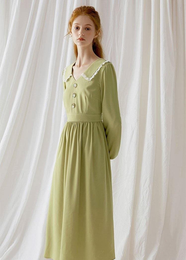 Simple green blended Wardrobes Peter pan Collar Dresses fall Dress FDL190830