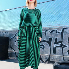 Simple green striped cotton Tunics Korea Photography asymmetric Maxi Dresses AT-FDL190115