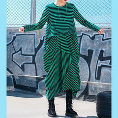 Simple green striped cotton Tunics Korea Photography asymmetric Maxi Dresses AT-FDL190115