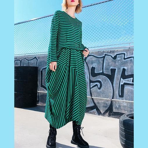 Simple green striped cotton Tunics Korea Photography asymmetric Maxi Dresses AT-FDL190115