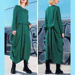 Simple green striped cotton Tunics Korea Photography asymmetric Maxi Dresses AT-FDL190115