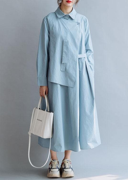 Simple lapel asymmetric cotton Wardrobes Shirts blue cotton robes Dresses fall FDL191011