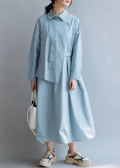 Simple lapel asymmetric cotton Wardrobes Shirts blue cotton robes Dresses fall FDL191011