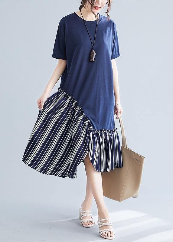 Simple navy patchwork striped cotton Tunics o neck long summer Dress SDM200325