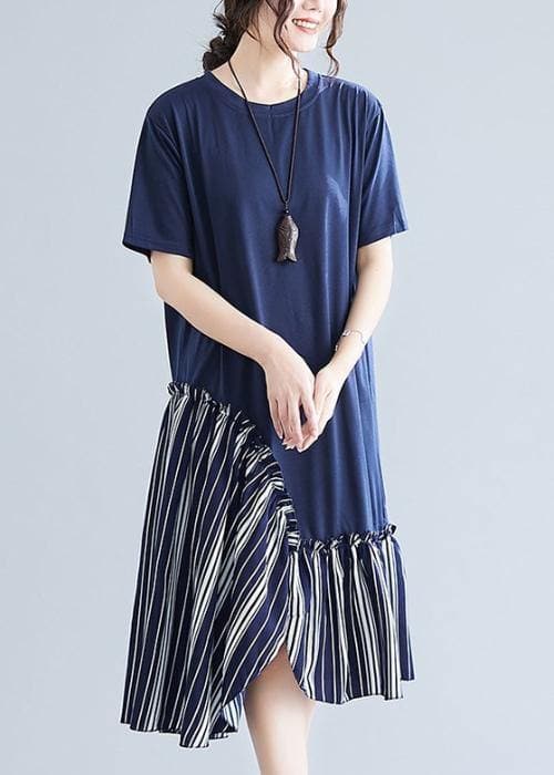 Simple navy patchwork striped cotton Tunics o neck long summer Dress SDM200325