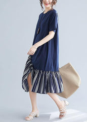 Simple navy patchwork striped cotton Tunics o neck long summer Dress SDM200325