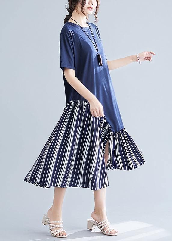 Simple navy patchwork striped cotton Tunics o neck long summer Dress SDM200325