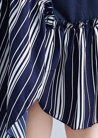 Simple navy patchwork striped cotton Tunics o neck long summer Dress SDM200325