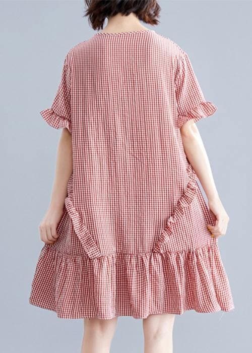 Simple o neck Ruffles Cotton clothes Inspiration red plaid Dress SDM200325