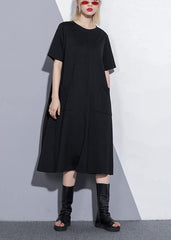 Simple o neck pockets Cotton blended tunic dress Tutorials black Dress summer AT-SDM190411