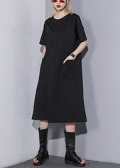 Simple o neck pockets Cotton blended tunic dress Tutorials black Dress summer AT-SDM190411