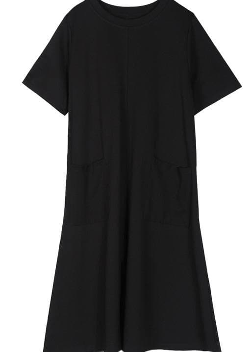 Simple o neck pockets Cotton blended tunic dress Tutorials black Dress summer AT-SDM190411