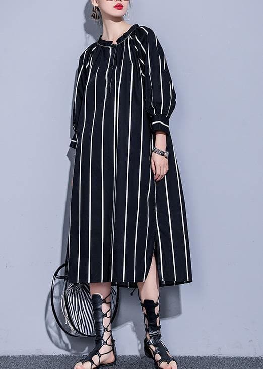 Simple o neck side open Tunics black striped cotton robes Dress summer AT-SDL190411