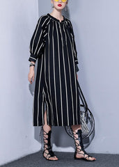 Simple o neck side open Tunics black striped cotton robes Dress summer AT-SDL190411