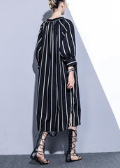 Simple o neck side open Tunics black striped cotton robes Dress summer AT-SDL190411