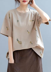 Simple o neck top Work brown embroidery tops STP200725