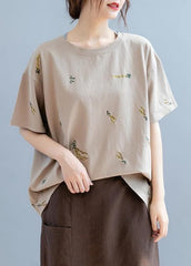 Simple o neck top Work brown embroidery tops STP200725