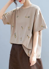 Simple o neck top Work brown embroidery tops STP200725