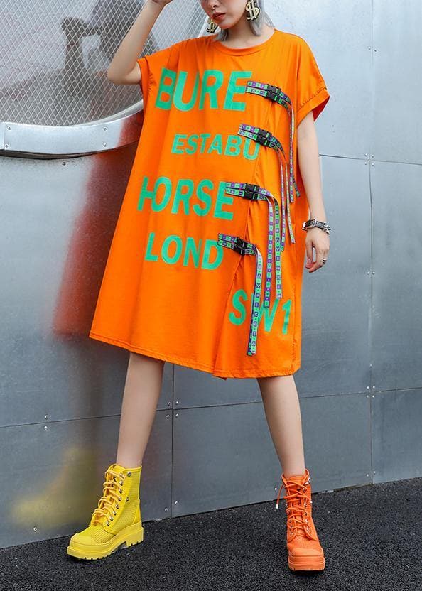 Simple orange print Cotton o neck stylish baggy summer Dresses AT-SDM190614