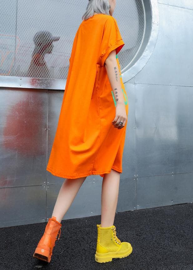 Simple orange print Cotton o neck stylish baggy summer Dresses AT-SDM190614