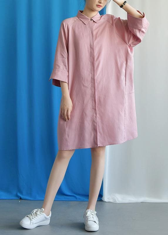 Simple pink linen dress flare sleeve cotton fall Dress FDM190827