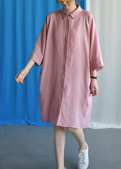 Simple pink linen dress flare sleeve cotton fall Dress FDM190827