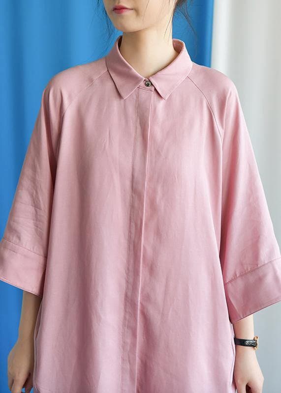 Simple pink linen dress flare sleeve cotton fall Dress FDM190827