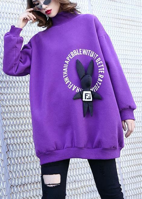 Simple purple cotton clothes For Women Cartoon animal decorated baggy prints tops AT-LTP191023