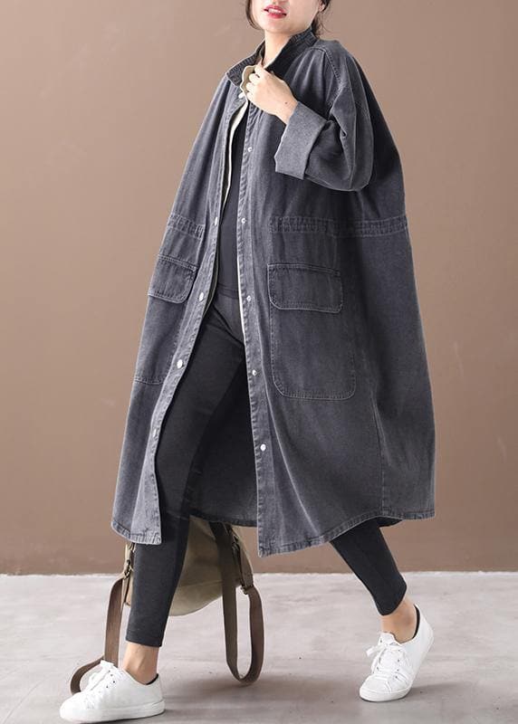 Simple stand collar drawstring Fashion tunic coat denim black Midi women coats WG-TCT191018