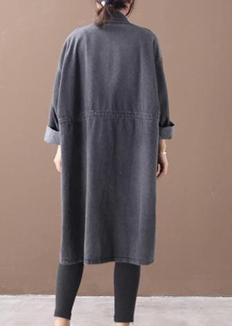 Simple stand collar drawstring Fashion tunic coat denim black Midi women coats WG-TCT191018