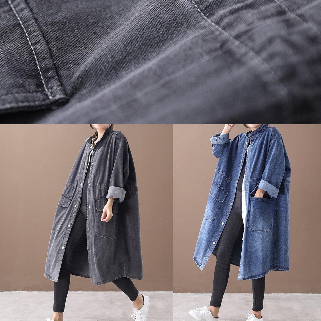 Simple stand collar drawstring Fashion tunic coat denim black Midi women coats WG-TCT191018