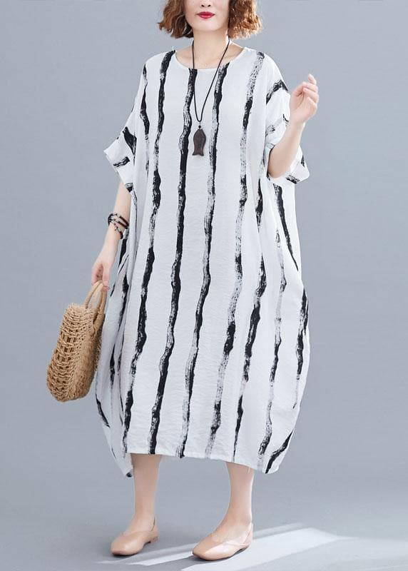 Simple white striped cotton quilting dresses o neck pockets long summer Dresses SDL200425