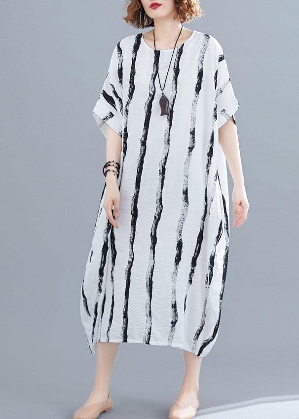 Simple white striped cotton quilting dresses o neck pockets long summer Dresses SDL200425