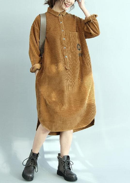 Simple yellow corduroy Tunic side open Knee fall Dresses FDL191011