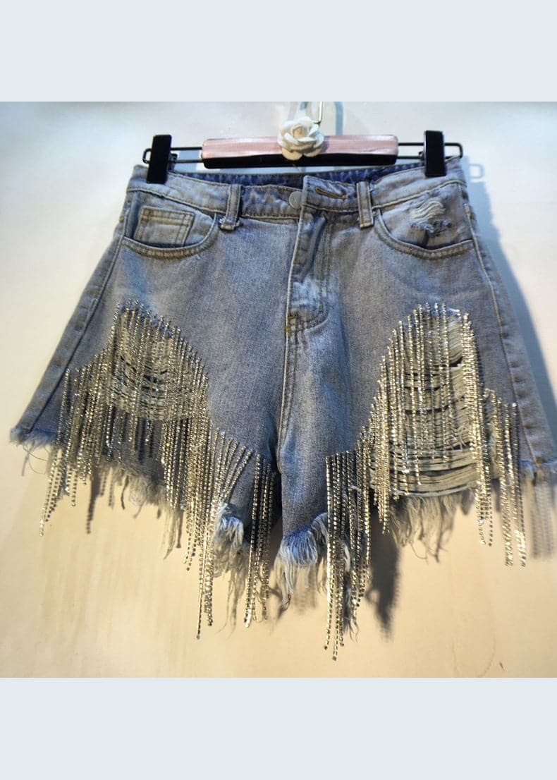 Slim Fit Blue Asymmetrical Design Tassel Diamond Cotton Denim Shorts ZM-SPTS220408