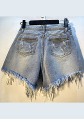 Slim Fit Blue Asymmetrical Design Tassel Diamond Cotton Denim Shorts ZM-SPTS220408